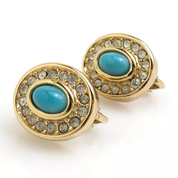 Auth Christian Dior Earrings Gold/Blue Metal/Stone - Picture 1 of 10